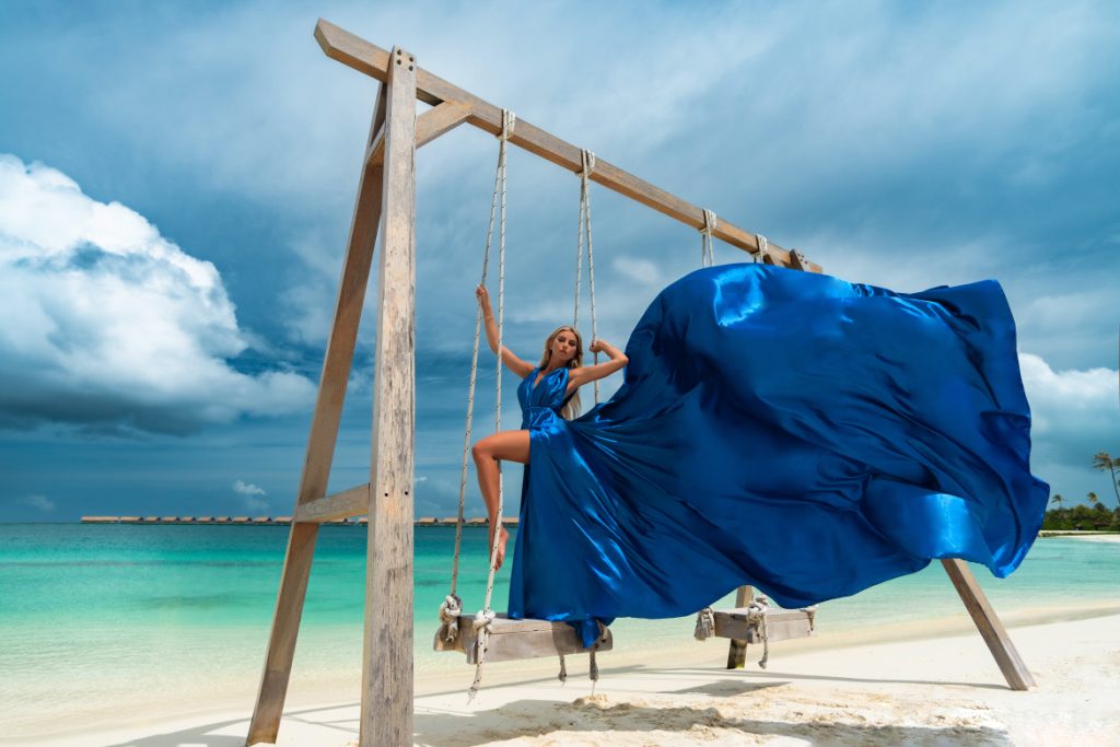 Flying Dress photoshoot, Waldorf Astoria Maldives Ithaafushi