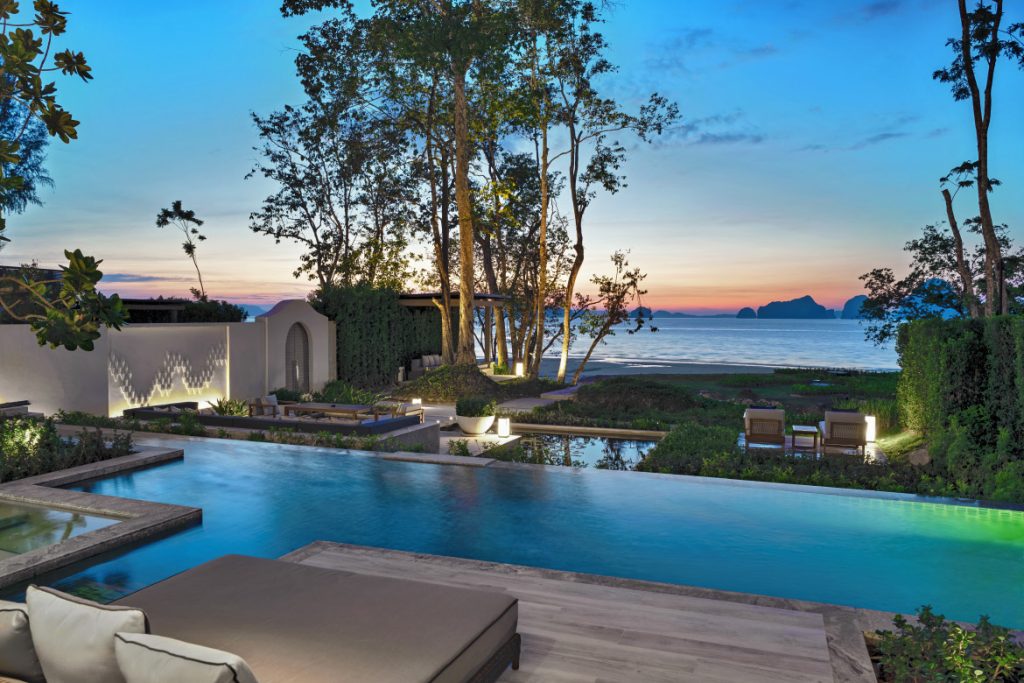 Each of the 72 suites and villas at Banyan Tree Krabi faces west to the sunset and the islands mentioned