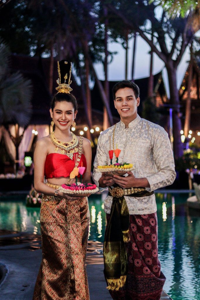 Couple of hosts in traditional Thai dressses. Loy Krathong Shangri-La Bangkok