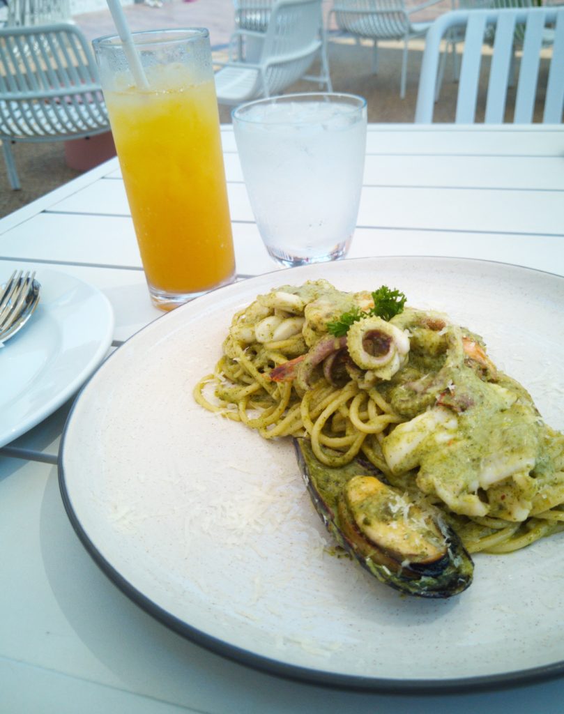 Pesto seafood pasta, Carapace beach club