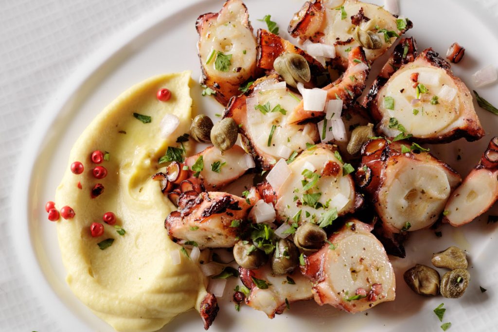 Grilled Sashimi, Mediterranean octopus, Greek restaurant Estiatorio Milos