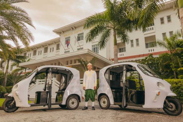 electric tuk-tuks outside Raffles Grand Hotel d’Angkor