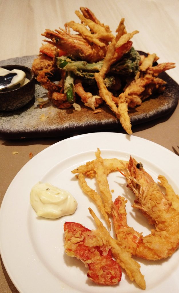 Amalfi fried seafood of calamari, prawn, soft shell crab and whitebait with vegetables and lemon aioli