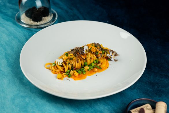 White asparagus snow pea, Mediterranean mussles pasta, Rossini's