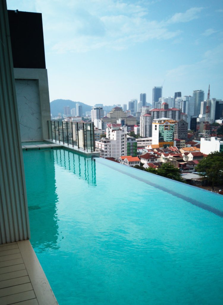 Pool city view from The Granite Luxury Hotel in downtown George Town