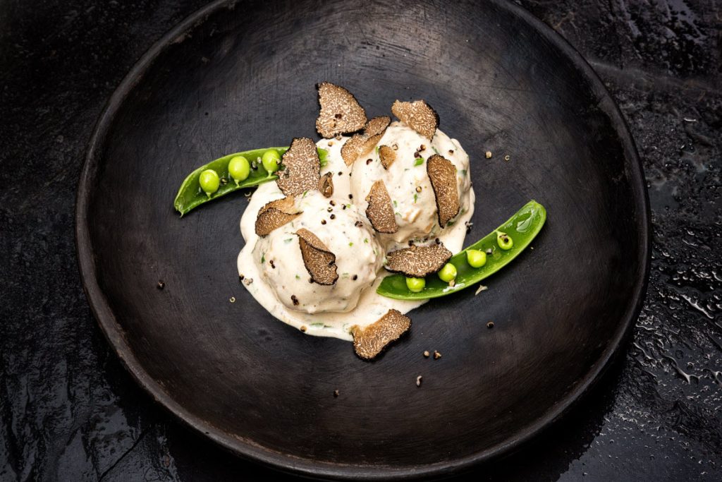 Murgh Malai meatball, green chilli, cream truffles by Indian Accent