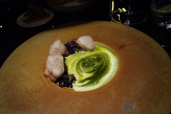 Smoked Sashimi poké (a dish of diced raw fish tossed in sauce), Kukui nut, Ogo seaweed, and herb dashi