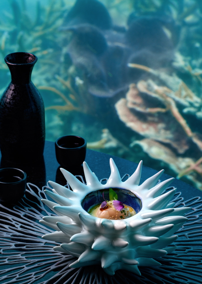 Scallop Ceviche, Amuse Bouche with sake at Subsixe