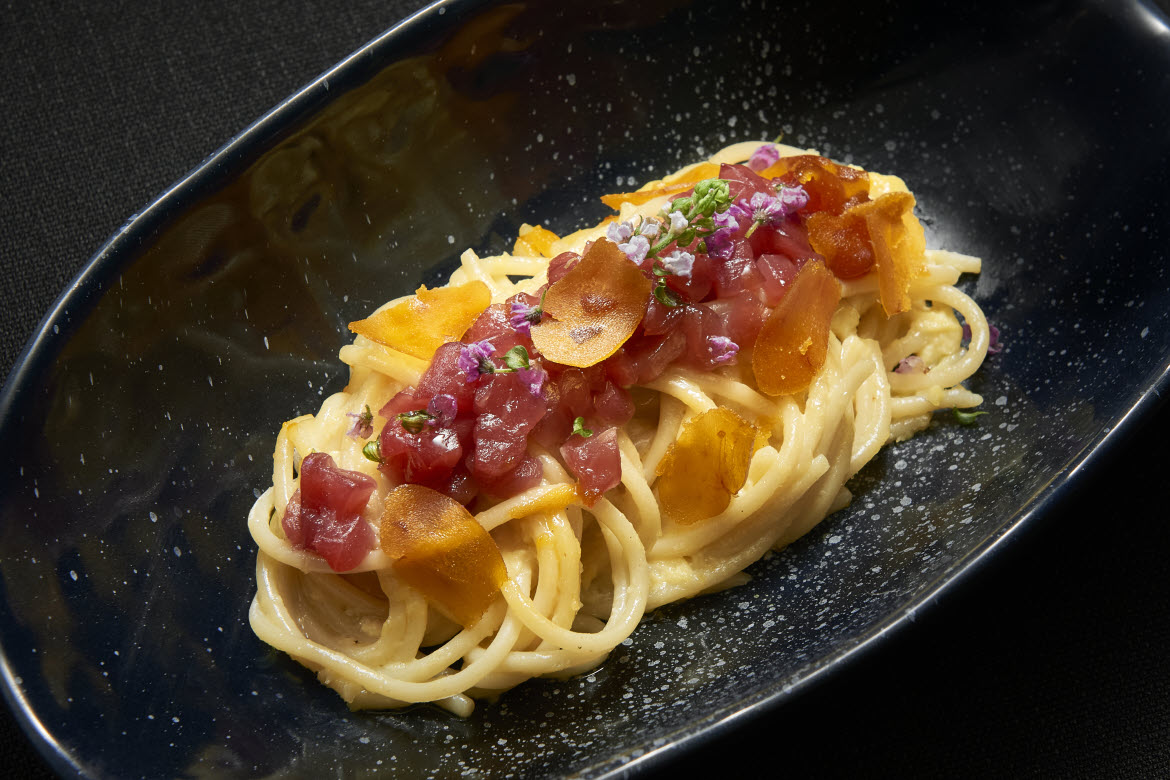 Carbonara Spaghetti carbonara, KiSara Bangkok Maguro Omakase
