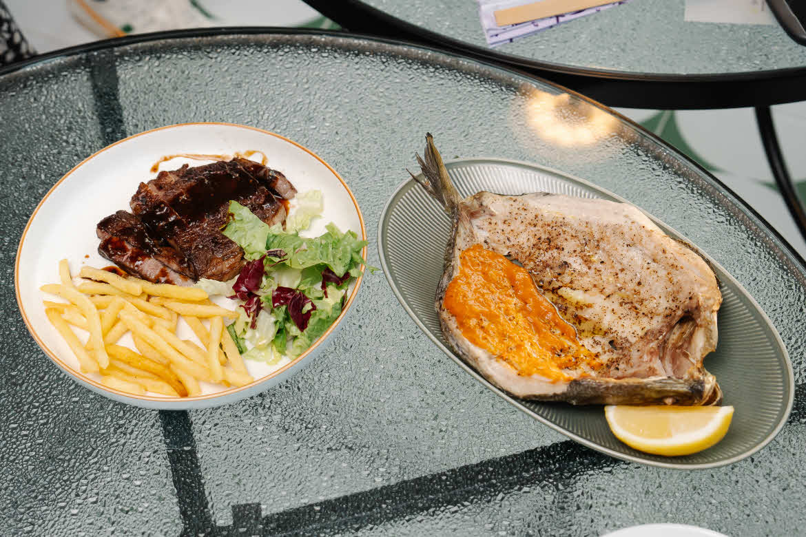 Grilled-Aus-Wagyu-rib-eye-steak-Oven-roasted-butterflied-branzino Grilled wagyu steak, oven-roasted butterfried Branzino