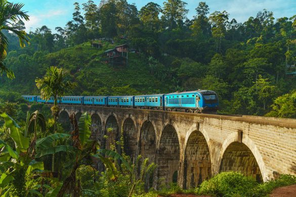 Sri Lankan train on nine arch bridge
