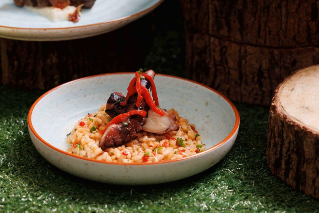 Piquillo pepper risotto, grilled Australian Fremantle octopus