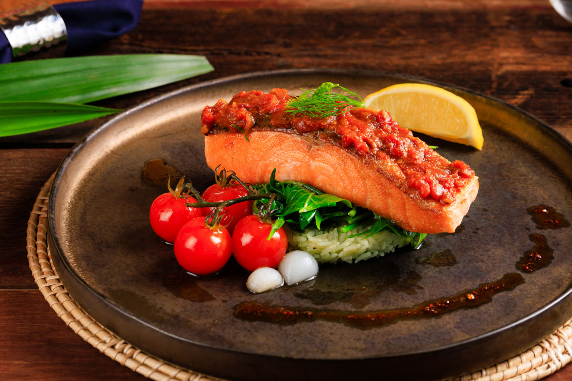 Baked salmon fillet with nham prik oung relish and pandan rice.