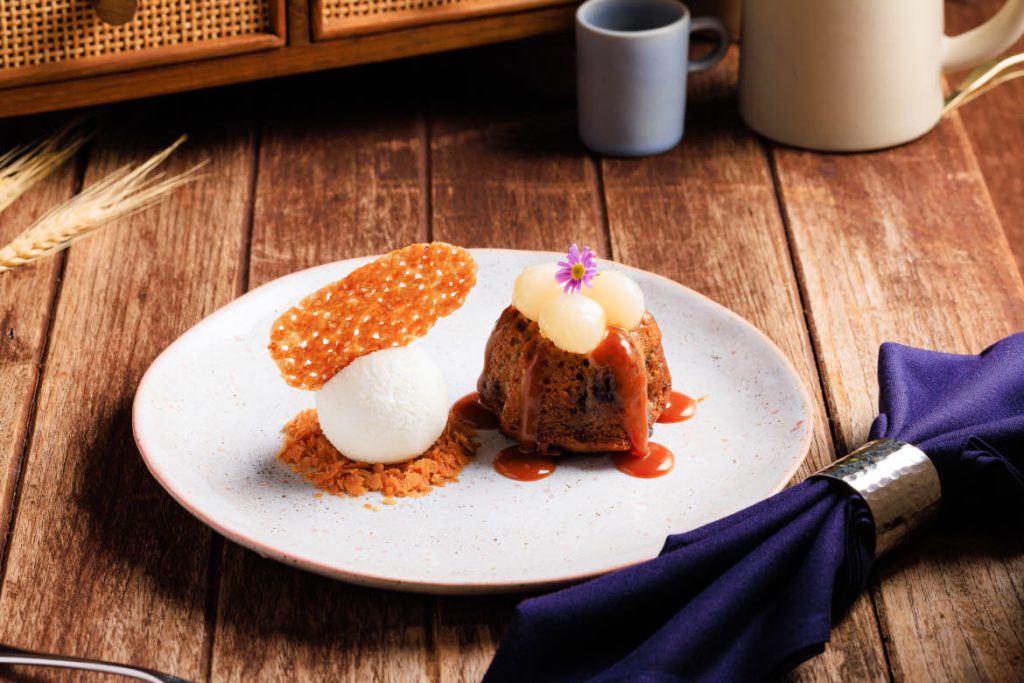 Organic longan pudding with butterscotch sauce and coconut ice-cream.