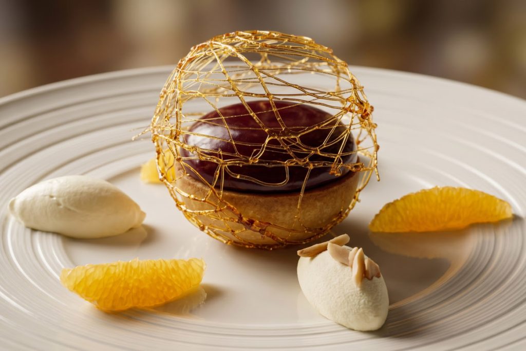 Caravela olive olive oil cake port wine blood orange gel dish